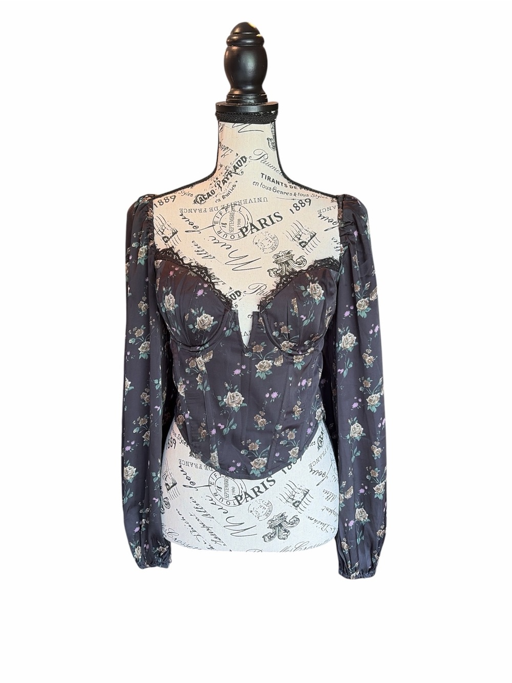 ASTR The Label Josephine Floral Corset Puff Sleeve Top Black Size Medium